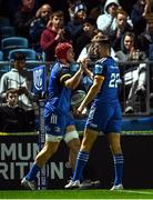 23 September 2022; Josh van der Flier of Leinster celebrates with teammate Ross Byrne after scoring his side's fourth try during the United Rugby Championship match between Leinster and Benetton at the RDS Arena in Dublin. Photo by Harry Murphy/Sportsfile