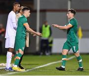 23 September 2022; Dawson Devoy, left, comes on as a second half substitute for Joe Hodge of Republic of Ireland during the UEFA European U21 Championship play-off first leg match between Republic of Ireland and Israel at Tallaght Stadium in Dublin. Photo by Seb Daly/Sportsfile