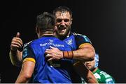23 September 2022; Dan Sheehan of Leinster celebrates with teammate Jason Jenkins after scoring his side's fifth try during the United Rugby Championship match between Leinster and Benetton at the RDS Arena in Dublin. Photo by Harry Murphy/Sportsfile