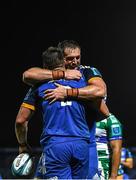 23 September 2022; Dan Sheehan of Leinster celebrates with teammate Jason Jenkins after scoring his side's fifth try during the United Rugby Championship match between Leinster and Benetton at the RDS Arena in Dublin. Photo by Harry Murphy/Sportsfile