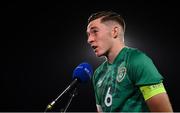 23 September 2022; Republic of Ireland captain Conor Coventry is interviewed by RTE Sport after the UEFA European U21 Championship play-off first leg match between Republic of Ireland and Israel at Tallaght Stadium in Dublin. Photo by Seb Daly/Sportsfile