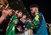 23 September 2022; Aaron Connolly of Republic of Ireland with supporters after the UEFA European U21 Championship play-off first leg match between Republic of Ireland and Israel at Tallaght Stadium in Dublin. Photo by Eoin Noonan/Sportsfile