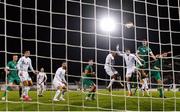 23 September 2022; Evan Ferguson of Republic of Ireland heads his side's first goal during the UEFA European U21 Championship play-off first leg match between Republic of Ireland and Israel at Tallaght Stadium in Dublin. Photo by Seb Daly/Sportsfile