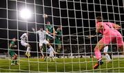 23 September 2022; Evan Ferguson of Republic of Ireland heads his side's first goal during the UEFA European U21 Championship play-off first leg match between Republic of Ireland and Israel at Tallaght Stadium in Dublin. Photo by Seb Daly/Sportsfile