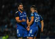 23 September 2022; Jason Jenkins and Ross Byrne of Leinster embrace after their side's victory in the United Rugby Championship match between Leinster and Benetton at the RDS Arena in Dublin. Photo by Harry Murphy/Sportsfile