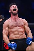 23 September 2022; Karl Moore celebrates after defeating Karl Albrektsson during their light heavyweight bout during Bellator 285 at 3 Arena in Dublin. Photo by Sam Barnes/Sportsfile