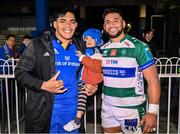 23 September 2022; Michael Ala'alatoa of Leinster and his son Parker with Henry Time-Stowers of Benetton after the United Rugby Championship match between Leinster and Benetton at the RDS Arena in Dublin. Photo by Harry Murphy/Sportsfile