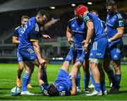 23 September 2022; Luke McGrath of Leinster celebrates with teammates after scoring their side's sixth try during the United Rugby Championship match between Leinster and Benetton at the RDS Arena in Dublin. Photo by Brendan Moran/Sportsfile