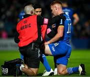 23 September 2022; Ciarán Frawley of Leinster is treated by Leinster head physiotherapist Garreth Farrell and team doctor Stuart O'Flanagan during the United Rugby Championship match between Leinster and Benetton at the RDS Arena in Dublin. Photo by Harry Murphy/Sportsfile
