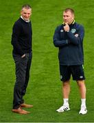 23 September 2022; Republic of Ireland manager Jim Crawford, left, and assistant manager Alan Reynolds before the UEFA European U21 Championship play-off first leg match between Republic of Ireland and Israel at Tallaght Stadium in Dublin. Photo by Seb Daly/Sportsfile