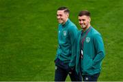 23 September 2022; Conor Coventry, left, and Brian Maher of Republic of Ireland before the UEFA European U21 Championship play-off first leg match between Republic of Ireland and Israel at Tallaght Stadium in Dublin. Photo by Seb Daly/Sportsfile