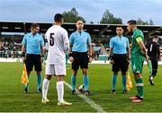 23 September 2022; Referee Dario Bel, centre, with team captains Gil Cohen of Israel, left, and Conor Coventry of Republic of Ireland before the UEFA European U21 Championship play-off first leg match between Republic of Ireland and Israel at Tallaght Stadium in Dublin. Photo by Seb Daly/Sportsfile