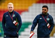 23 September 2022; Republic of Ireland STATSports analyst Adam Fox, left, and Strength and Conditioning coach Eoin Clarkin during the UEFA European U21 Championship play-off first leg match between Republic of Ireland and Israel at Tallaght Stadium in Dublin. Photo by Eóin Noonan/Sportsfile