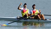 24 September 2022; Marius Cozmiuc, left, and Sergiu Bejan of Romania celebrate after winning the Men's Pair Final A, in a time of 06:28.06, during day 7 of the World Rowing Championships 2022 at Racice in Czech Republic. Photo by Piaras Ó Mídheach/Sportsfile