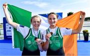 24 September 2022; Aoife Casey, left, and Margaret Cremen of Ireland celebrate with their medals after winning bronze in the Lightweight Women's Double Sculls Final A, in a time of 07:00.62, during day 7 of the World Rowing Championships 2022 at Racice in Czech Republic. Photo by Piaras Ó Mídheach/Sportsfile