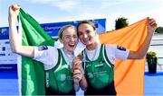 24 September 2022; Aoife Casey, left, and Margaret Cremen of Ireland celebrate with their medals after winning bronze in the Lightweight Women's Double Sculls Final A, in a time of 07:00.62, during day 7 of the World Rowing Championships 2022 at Racice in Czech Republic. Photo by Piaras Ó Mídheach/Sportsfile