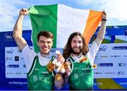24 September 2022; Fintan McCarthy, left, and Paul O'Donovan of Ireland celebrate with their gold medals after winning the Lightweight Men's Double Sculls Final A, in a time of 06:16.46, during day 7 of the World Rowing Championships 2022 at Racice in Czech Republic. Photo by Piaras Ó Mídheach/Sportsfile