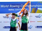 24 September 2022; Fintan McCarthy, left, and Paul O'Donovan of Ireland celebrate after winning gold in the Lightweight Men's Double Sculls Final A, in a time of 06:16.46, during day 7 of the World Rowing Championships 2022 at Racice in Czech Republic. Photo by Piaras Ó Mídheach/Sportsfile