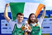 24 September 2022; Fintan McCarthy, left, and Paul O'Donovan of Ireland celebrate with their gold medals after winning the Lightweight Men's Double Sculls Final A, in a time of 06:16.46, during day 7 of the World Rowing Championships 2022 at Racice in Czech Republic. Photo by Piaras Ó Mídheach/Sportsfile