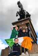 24 September 2022; Republic of Ireland supporters, from left, Callum O'Dwyer, Ryan and Isaac Bartley, at George's Square in Glasgow, before the UEFA Nations League B Group 1 match between Scotland and Republic of Ireland at Hampden Park in Glasgow, Scotland. Photo by Stephen McCarthy/Sportsfile