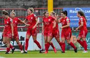 24 September 2022; Noelle Murray of Shelbourne, second from right, celebrates with teammates after scoring their side's first goal during the EVOKE.ie FAI Women's Cup Semi-Final match between Shelbourne and Bohemians at Tolka Park in Dublin. Photo by Seb Daly/Sportsfile