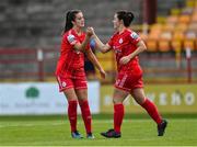 24 September 2022; Noelle Murray of Shelbourne, right, celebrates with teammate Alex Kavanagh after scoring their side's first goal during the EVOKE.ie FAI Women's Cup Semi-Final match between Shelbourne and Bohemians at Tolka Park in Dublin. Photo by Seb Daly/Sportsfile