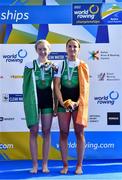 24 September 2022; Aoife Casey, left, and Margaret Cremen of Ireland after winning bronze in the Lightweight Women's Double Sculls Final A, in a time of 07:00.62, during day 7 of the World Rowing Championships 2022 at Racice in Czech Republic. Photo by Piaras Ó Mídheach/Sportsfile