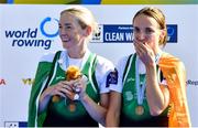24 September 2022; Aoife Casey, left, and Margaret Cremen of Ireland after winning bronze in the Lightweight Women's Double Sculls Final A, in a time of 07:00.62, during day 7 of the World Rowing Championships 2022 at Racice in Czech Republic. Photo by Piaras Ó Mídheach/Sportsfile