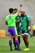 24 September 2022; Bundee Aki of Connacht is shown a red card by referee Gianluca Gnecchi during the United Rugby Championship match between DHL Stormers and Connacht at Stellenbosch in South Africa. Photo by Ashley Vlotman/Sportsfile
