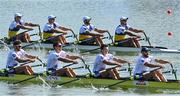 24 September 2022; The Ukraine team, top, from left, Mykola Kalashnyk, Pavlo Yurchenko, Olexandr Nadtoka and Ivan Dovgodko on their way to winning the Men's Quadruple Sculls Final B, in a time of 05:47.85, during day 7 of the World Rowing Championships 2022 at Racice in Czech Republic. Photo by Piaras Ó Mídheach/Sportsfile