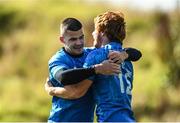 24 September 2022; Henry McErlean of Leinster celebrates with Chris Cosgrave after scoring his side's first try during the A InterprovinicalInterprovincialUniversity of Limerick in Limerick. Photo by Harry Murphy/Sportsfile