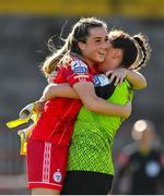 24 September 2022; Lia O'Leary of Shelbourne, left, and goalkeeper Amanda Budden celebrate after their side's victory in the EVOKE.ie FAI Women's Cup Semi-Final match between Shelbourne and Bohemians at Tolka Park in Dublin. Photo by Seb Daly/Sportsfile