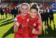 24 September 2022; Jessie Stapleton, left, and Keeva Keenan of Shelbourne celebrate after their side's victory in the EVOKE.ie FAI Women's Cup Semi-Final match between Shelbourne and Bohemians at Tolka Park in Dublin. Photo by Seb Daly/Sportsfile