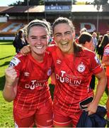 24 September 2022; Jessie Stapleton, left, and Jemma Quinn of Shelbourne celebrate after their side's victory in the EVOKE.ie FAI Women's Cup Semi-Final match between Shelbourne and Bohemians at Tolka Park in Dublin. Photo by Seb Daly/Sportsfile