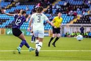 24 September 2022; Maddie Gibson of Athlone Town shoots to score her side's first goal during a 2022 EVOKE.ie FAI Women's Cup Semi-Finals match between Athlone Town and Wexford Youths at Athlone Town Stadium in Westmeath. Photo by Michael P Ryan/Sportsfile