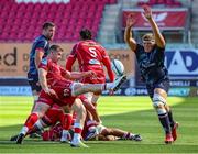 24 September 2022; Matty Rea of Scarlets attempts to block the kick of Gareth Davies of Ulster during the United Rugby Championship match between Scarlets and Ulster at Parc Y Scarlets in Llanelli, Wales. Photo by John Dickson/Sportsfile