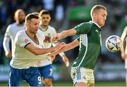 24 September 2022; George Saville of Northern Ireland in action against Bersant Celina of Kosovo during the UEFA Nations League C Group 2 match between Northern Ireland and Kosovo at National Stadium at Windsor Park in Belfast. Photo by Ramsey Cardy/Sportsfile
