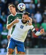 24 September 2022; Vedat Muriqi of Kosovo in action against Jonny Evans of Northern Ireland during the UEFA Nations League C Group 2 match between Northern Ireland and Kosovo at National Stadium at Windsor Park in Belfast. Photo by Ramsey Cardy/Sportsfile