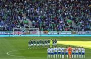 24 September 2022; Both teams and officials stand for a minute's silence before the UEFA Nations League C Group 2 match between Northern Ireland and Kosovo at National Stadium at Windsor Park in Belfast. Photo by Ramsey Cardy/Sportsfile