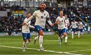 24 September 2022; Vedat Muriqi of Kosovo celebrates after scoring his side's first goal during the UEFA Nations League C Group 2 match between Northern Ireland and Kosovo at National Stadium at Windsor Park in Belfast. Photo by Ramsey Cardy/Sportsfile