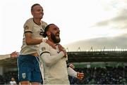 24 September 2022; Vedat Muriqi of Kosovo celebrates with Florent Hadergjonaj, left, after scoring their side's first goal during the UEFA Nations League C Group 2 match between Northern Ireland and Kosovo at National Stadium at Windsor Park in Belfast. Photo by Ramsey Cardy/Sportsfile