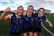 24 September 2022; Athlone Town players from left, Kelsey Munroe, Jessica Hennessy, and  Kayleigh Shine after their side's victory in a 2022 EVOKE.ie FAI Women's Cup Semi-Finals match between Athlone Town and Wexford Youths at Athlone Town Stadium in Westmeath. Photo by Michael P Ryan/Sportsfile