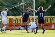 24 September 2022; Maddie Gibson of Athlone Town, left, celebrates after scoring her side's third goal and her hat-trick during a 2022 EVOKE.ie FAI Women's Cup Semi-Finals match between Athlone Town and Wexford Youths at Athlone Town Stadium in Westmeath. Photo by Michael P Ryan/Sportsfile