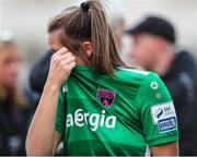 24 September 2022; Wexford Youths goalkeeper Maeve Williams dejected after her side's defeat in a 2022 EVOKE.ie FAI Women's Cup Semi-Finals match between Athlone Town and Wexford Youths at Athlone Town Stadium in Westmeath. Photo by Michael P Ryan/Sportsfile
