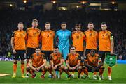 24 September 2022; The Republic of Ireland team, back row, from left, James McClean, Nathan Collins, Jeff Hendrick, goalkeeper Gavin Bazunu, Troy Parrott Dara O'Shea and captain John Egan. Front row, from left, Jayson Molumby, Jason Knight, Josh Cullen and Scott Hogan before UEFA Nations League B Group 1 match between Scotland and Republic of Ireland at Hampden Park in Glasgow, Scotland. Photo by Stephen McCarthy/Sportsfile