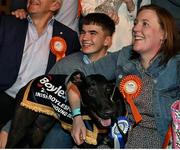 24 September 2022; Trainer Jennifer O'Donnell celebrates with Born Warrior after winning the 2022 BoyleSports Irish Greyhound Derby FInal at Shelbourne Park in Dublin. Photo by Seb Daly/Sportsfile