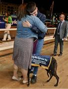 24 September 2022; Trainer Jennifer O'Donnell and kennelhand Shane Hanlon celebrate after sending out Born Warrior to win the 2022 BoyleSports Irish Greyhound Derby FInal at Shelbourne Park in Dublin. Photo by Seb Daly/Sportsfile