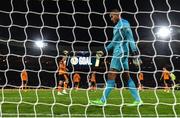 24 September 2022; Republic of Ireland goalkeeper Gavin Bazunu reacts after conceding his side's second goal, a penalty, during UEFA Nations League B Group 1 match between Scotland and Republic of Ireland at Hampden Park in Glasgow, Scotland. Photo by Eóin Noonan/Sportsfile