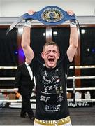 24 September 2022; Eric Donovan with the EBU European Union belt after defeating Khalil El Hadri in their EBU European Union super-featherweight bout at the Europa Hotel in Belfast. Photo by Ramsey Cardy/Sportsfile