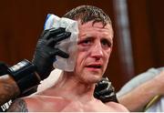 24 September 2022; Eric Donovan awaits the decision of his EBU European Union super-featherweight bout against Khalil El Hadri at the Europa Hotel in Belfast. Photo by Ramsey Cardy/Sportsfile